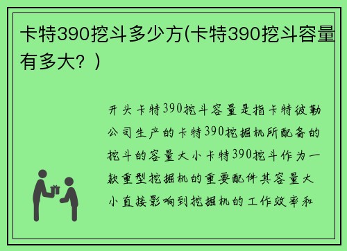 卡特390挖斗多少方(卡特390挖斗容量有多大？)